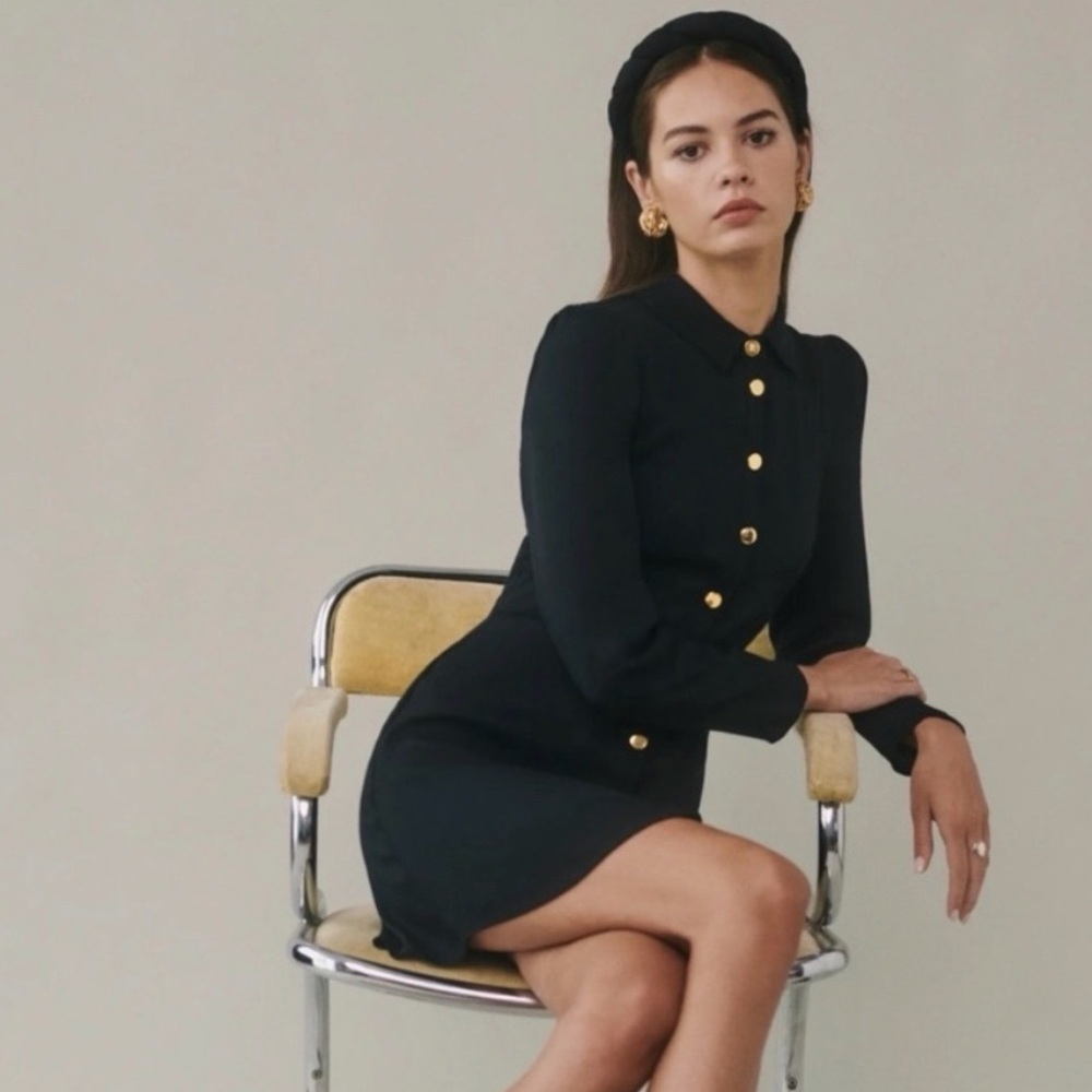 Reformation Hugh long sleeve Elegant Black Gold Button-Up Dress collared Sz 2